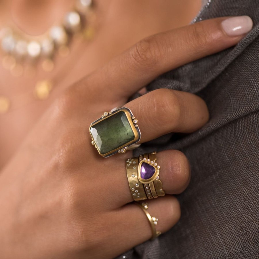 Rings Ananda Khalsa | Rose Cut Moss Aquamarine Ring With Diamond Trios