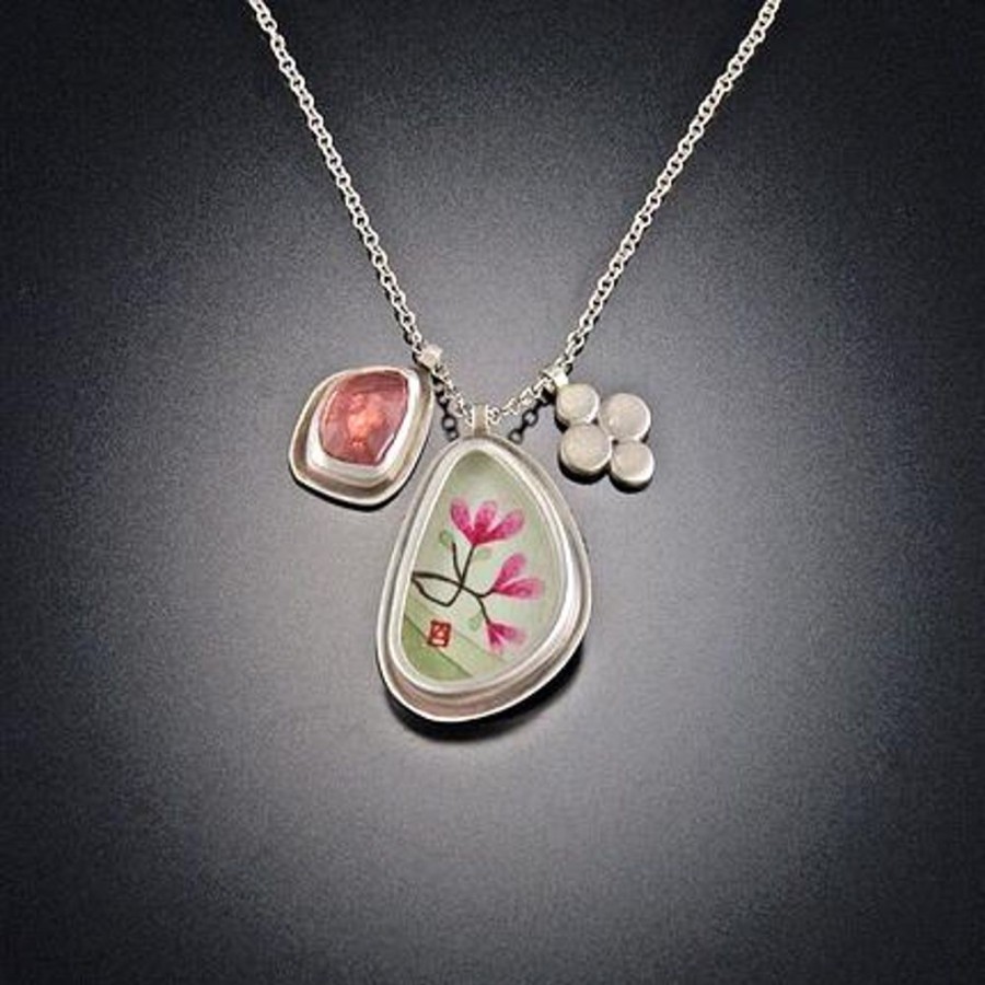 Hand Painted Jewelry Ananda Khalsa | Narrow Organic Magnolia Charm Necklace With Pink Tourmaline