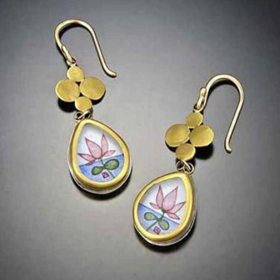 Hand Painted Jewelry Ananda Khalsa | Gold Teardrop Lotus Earrings