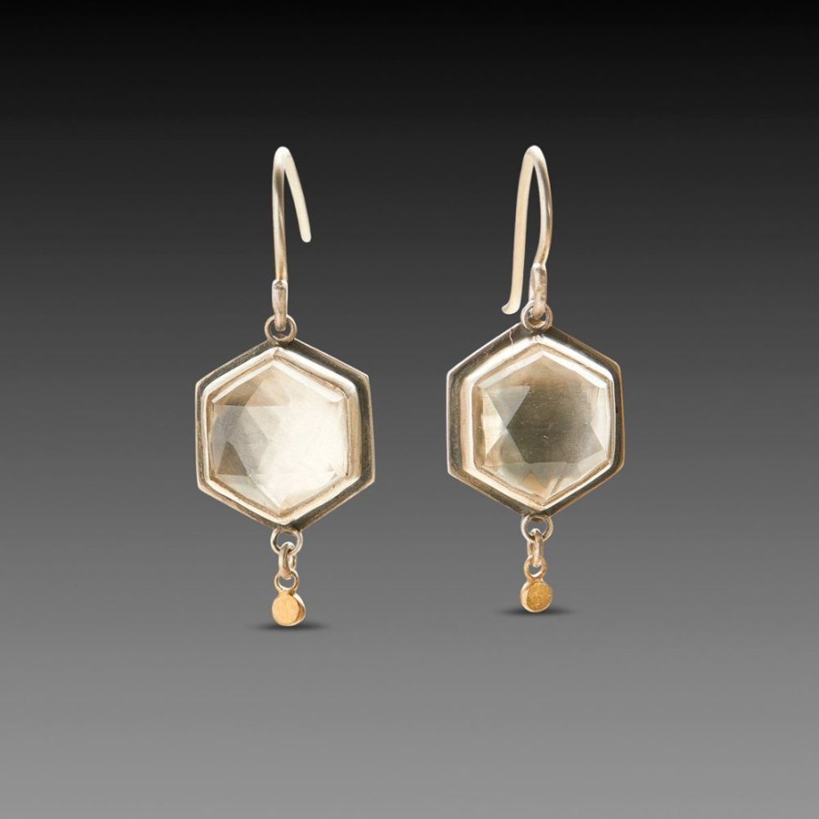 Earrings Ananda Khalsa | Geometric Clear Topaz Earrings With Round Gold Drops