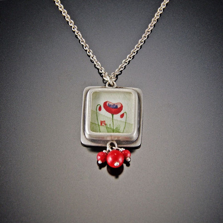 Hand Painted Jewelry Ananda Khalsa | Tiny Square Poppy Necklace With Coral