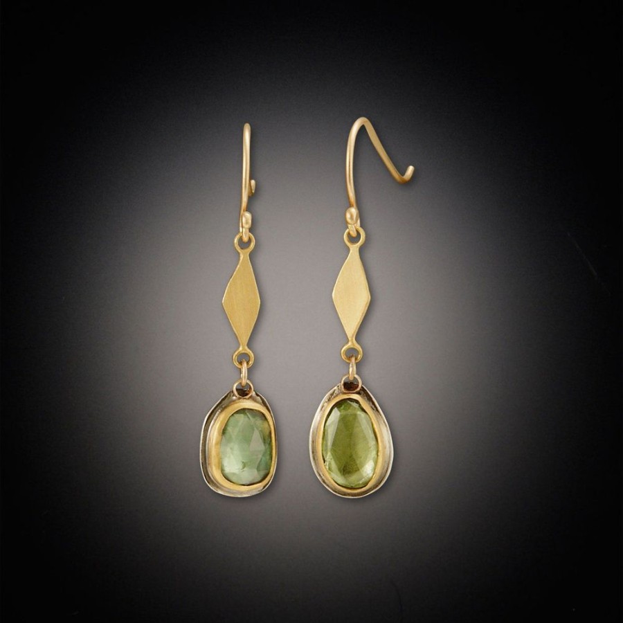 Earrings Ananda Khalsa | Small Diamond Leaf Earrings With Green Tourmaline