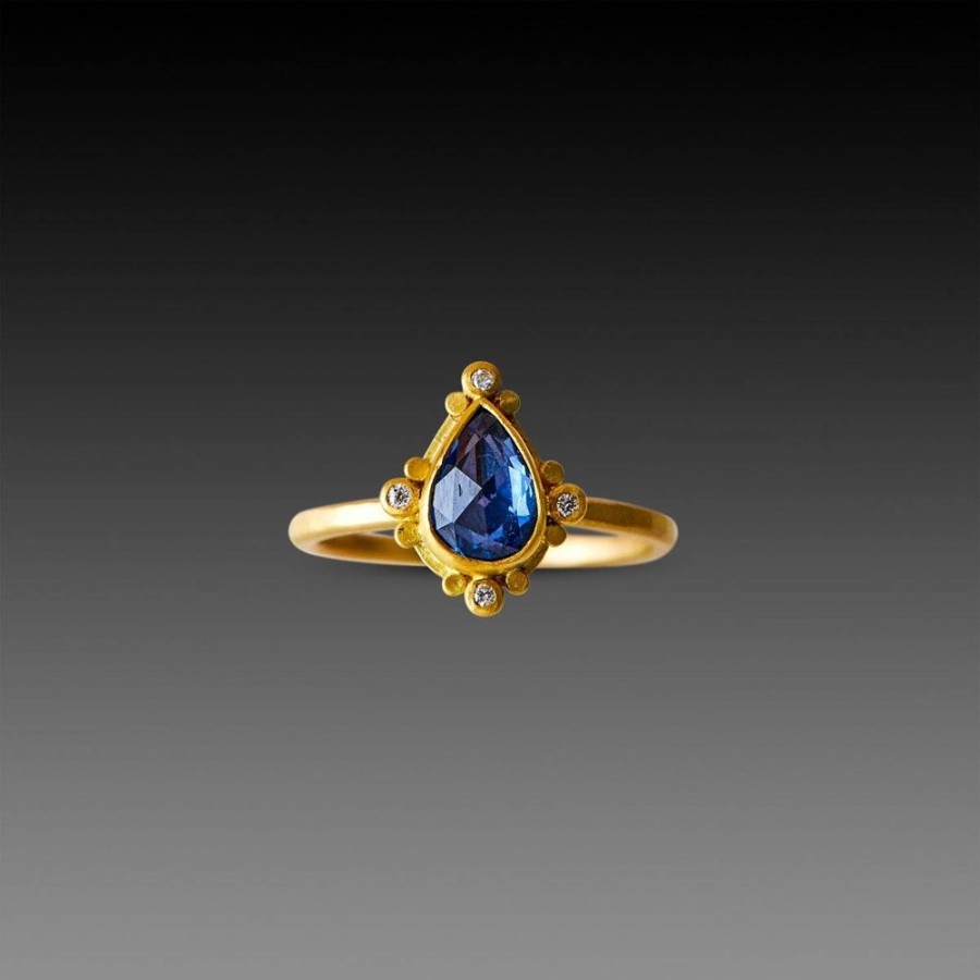 Rings Ananda Khalsa | Blue Sapphire Teardrop Ring With Diamond Trios