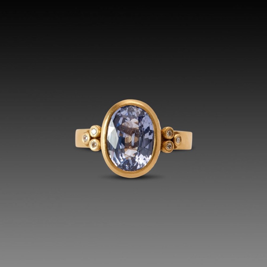 Rings Ananda Khalsa | Oval Sapphire Ring With Diamond Trios