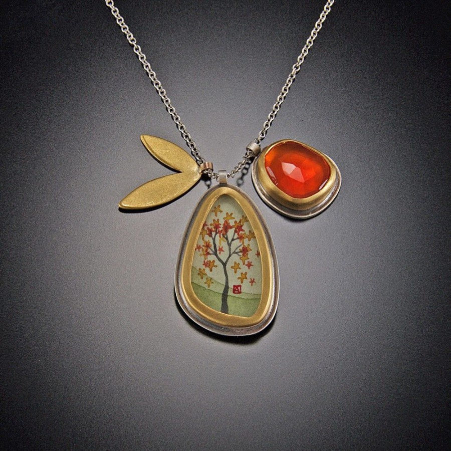 Hand Painted Jewelry Ananda Khalsa | Autumn Maple And Carnelian Charm Necklace