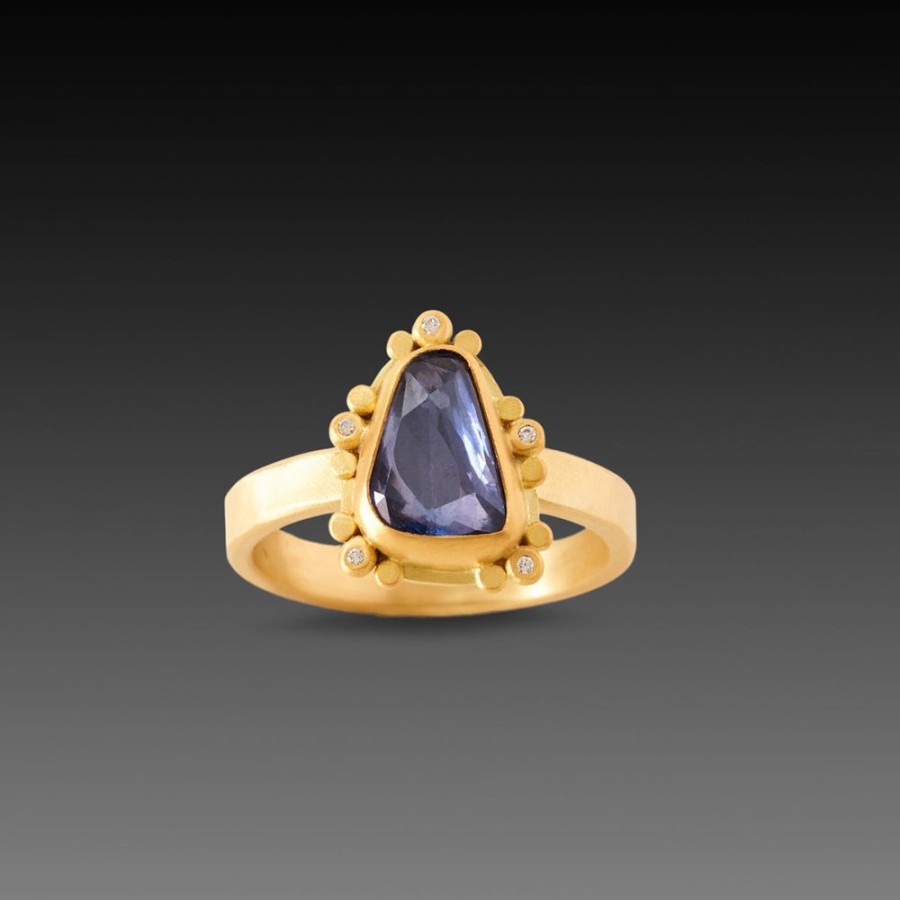 Rings Ananda Khalsa | Deep Blue Sapphire Ring With Diamond Trios