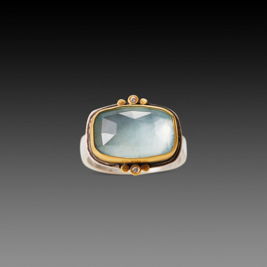 Rings Ananda Khalsa | Rose Cut Aquamarine Ring With Diamond Trios