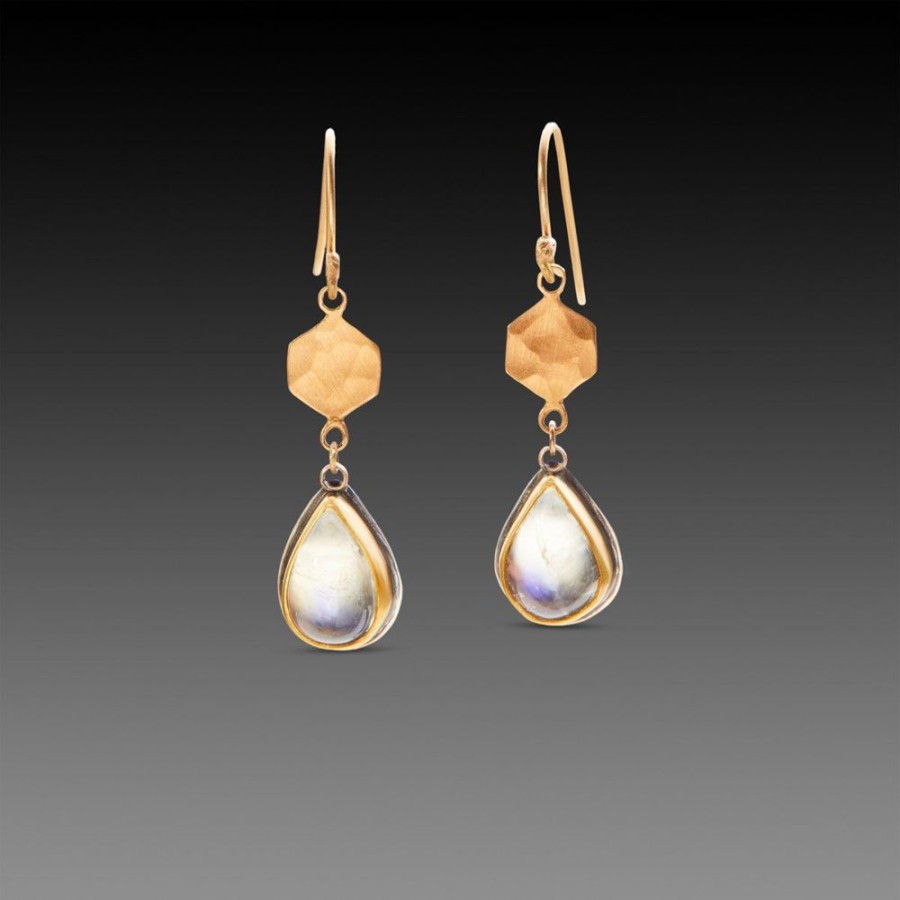 Earrings Ananda Khalsa | Gold Hexagon With Moonstone Drop Earrings