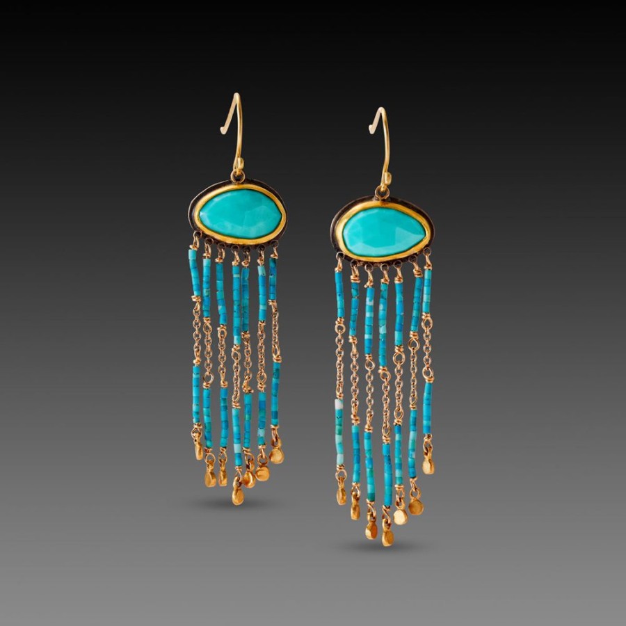 Earrings Ananda Khalsa | Turquoise & Gold Beaded Fringe Earrings