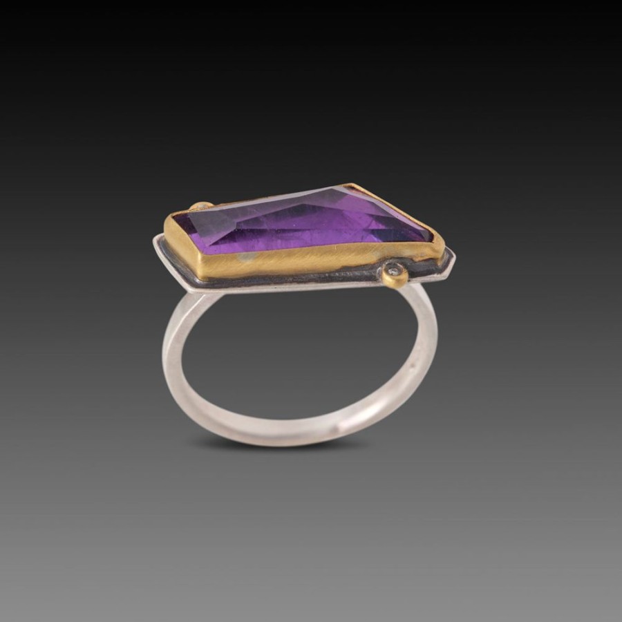 Rings Ananda Khalsa | Geometric Amethyst Ring With Three Diamonds