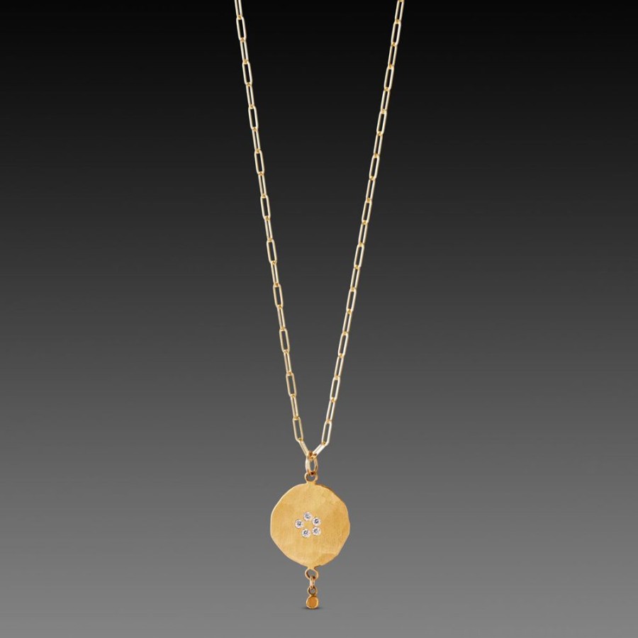 Necklaces Ananda Khalsa | Hammered Gold Disk Necklace With Diamonds & Drop