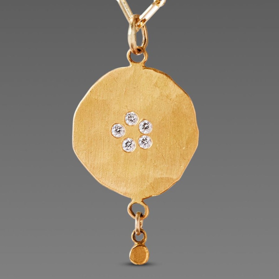 Necklaces Ananda Khalsa | Hammered Gold Disk Necklace With Diamonds & Drop