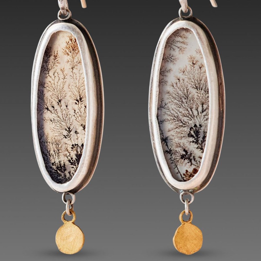 Earrings Ananda Khalsa | Dendritic Agate Earrings With Hammered Gold Dots