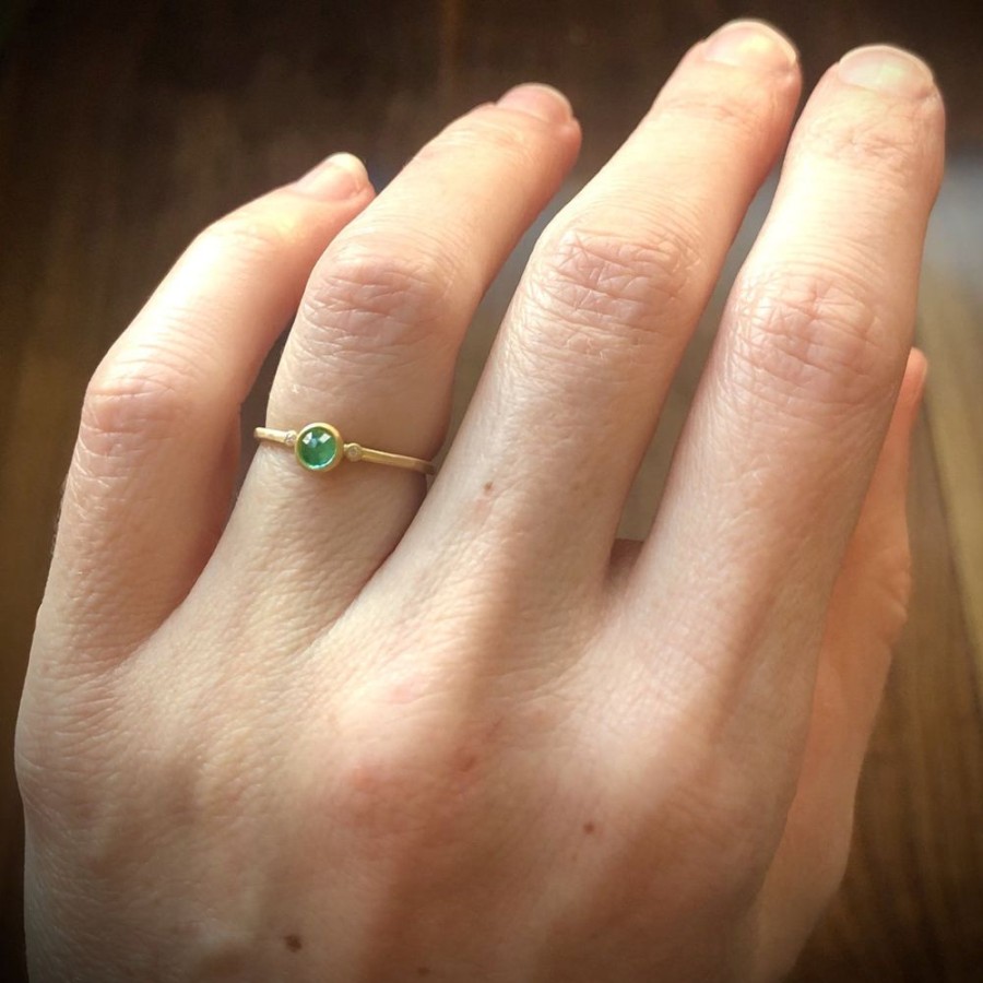 Rings Ananda Khalsa | Tiny Emerald Ring With Two Diamond Dots