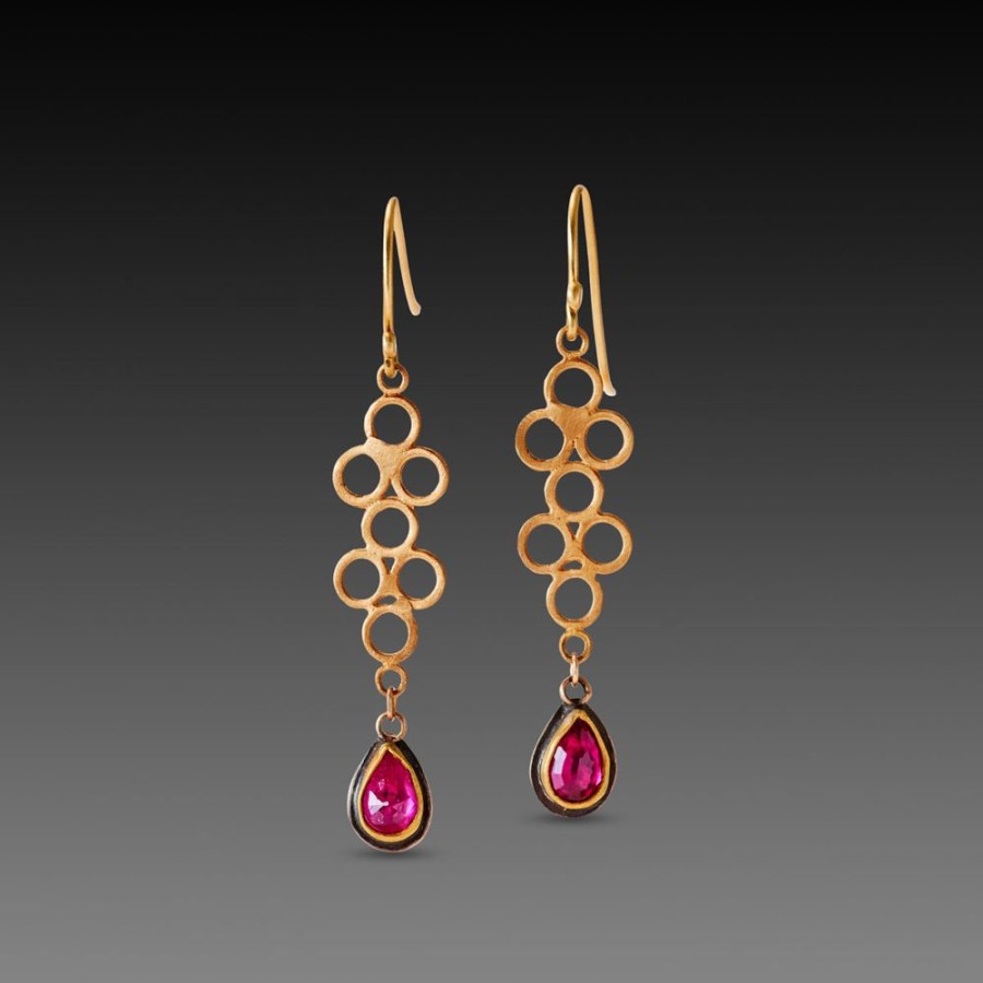 Earrings Ananda Khalsa | Open Filigree Earrings With Ruby Drops