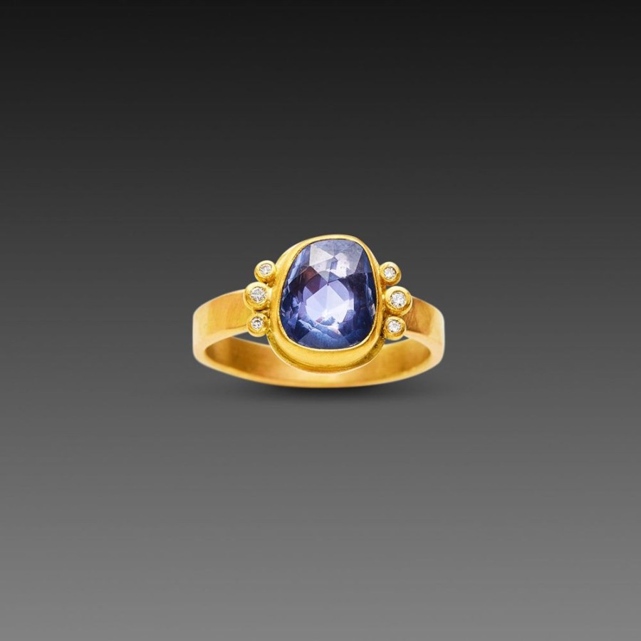 Rings Ananda Khalsa | Organic Blue Sapphire Ring With Two Diamond Trios