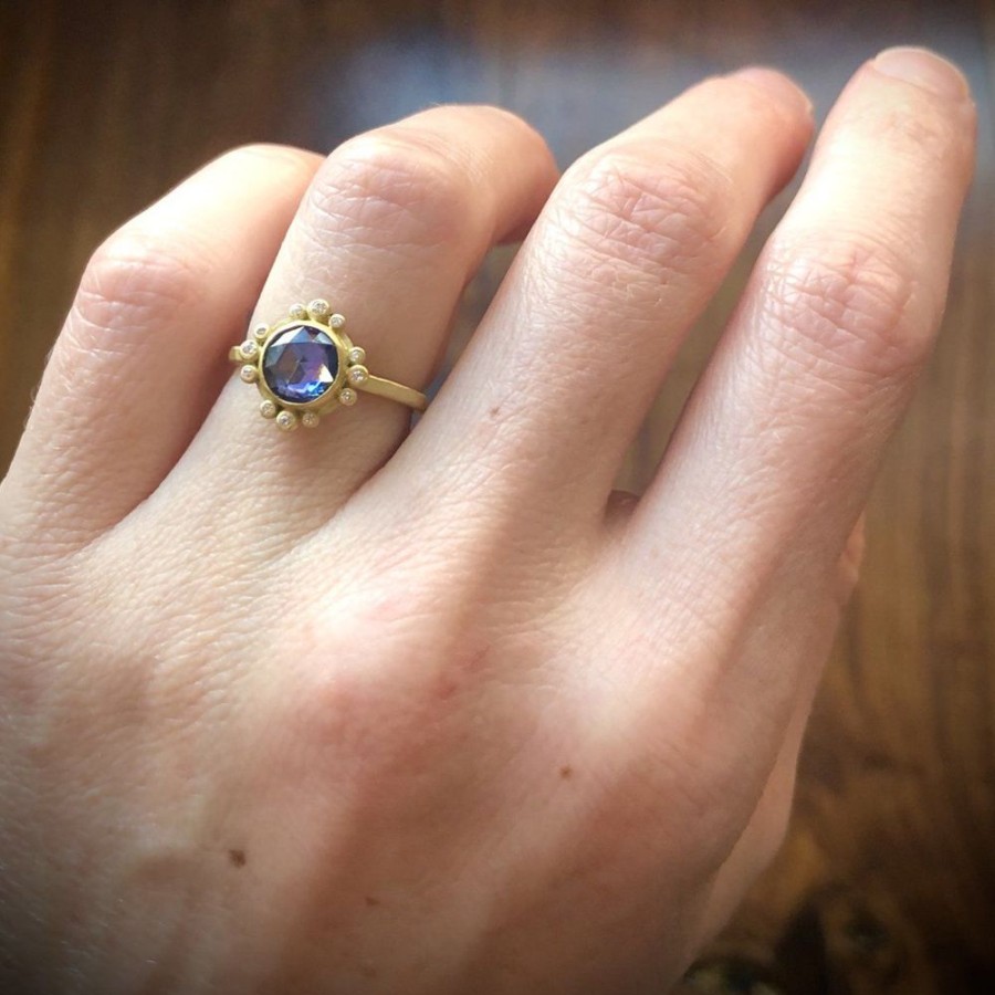 Rings Ananda Khalsa | Blue Sapphire Ring With Diamond Dot Trios