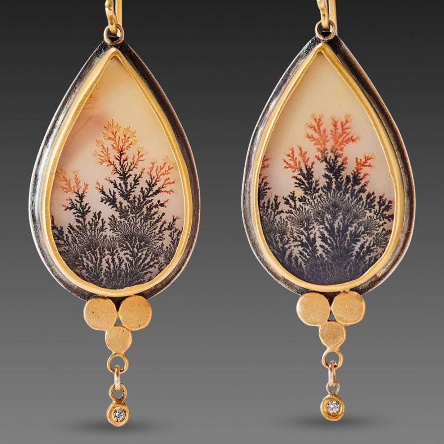 Earrings Ananda Khalsa | Dendritic Agate Earrings With Gold Trios & Diamonds