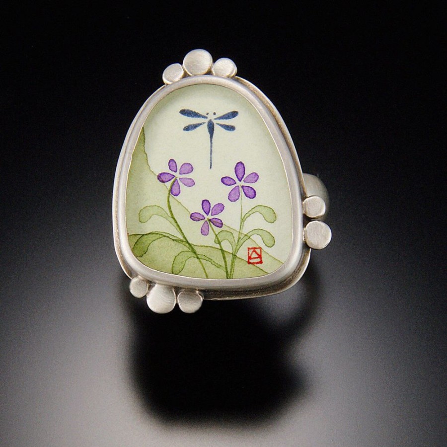 Hand Painted Jewelry Ananda Khalsa | Dragonfly With Violets Ring