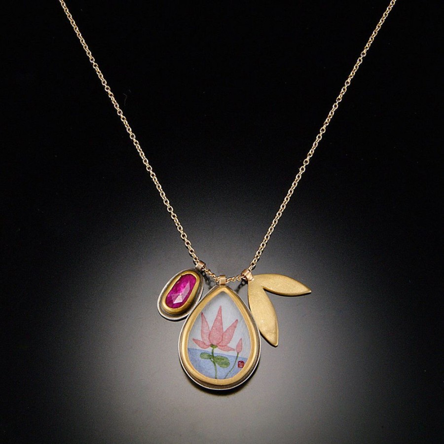 Hand Painted Jewelry Ananda Khalsa | Lotus And Ruby Charm Necklace