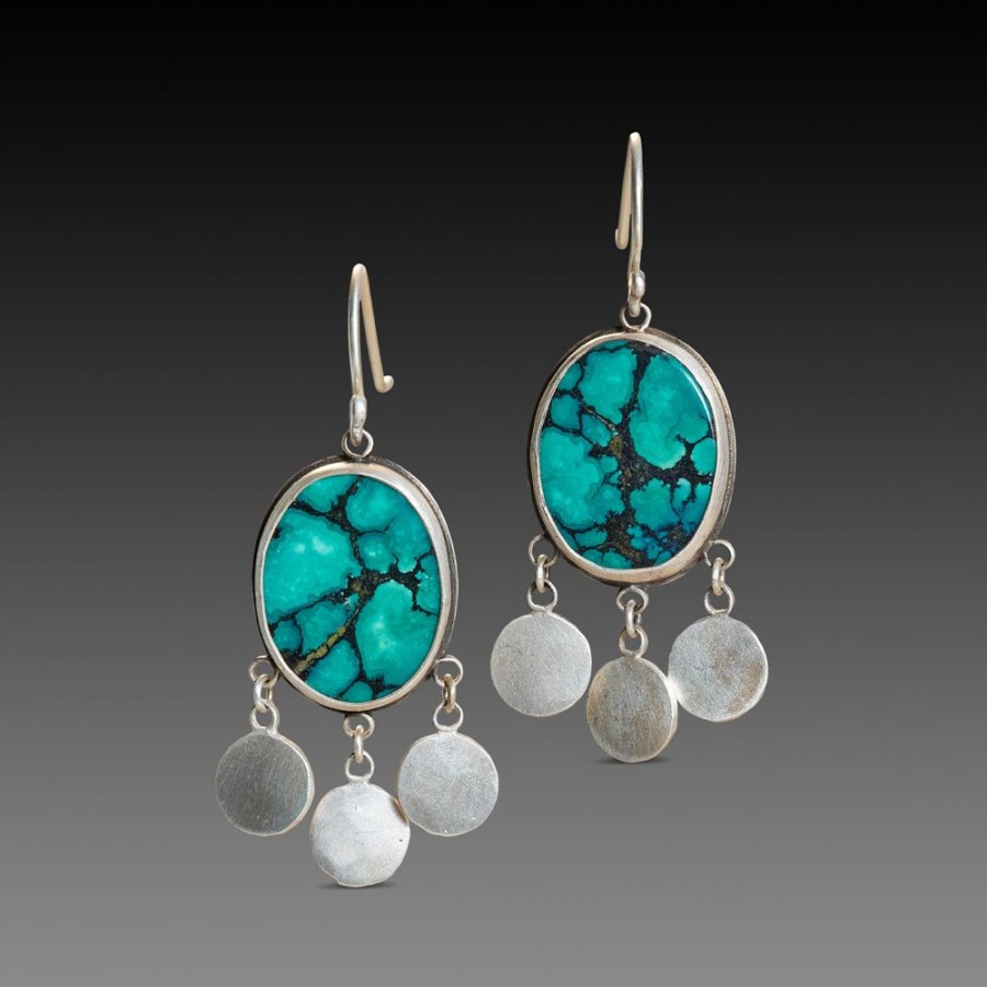 Earrings Ananda Khalsa | Oval Turquoise Earrings With Silver Fringe