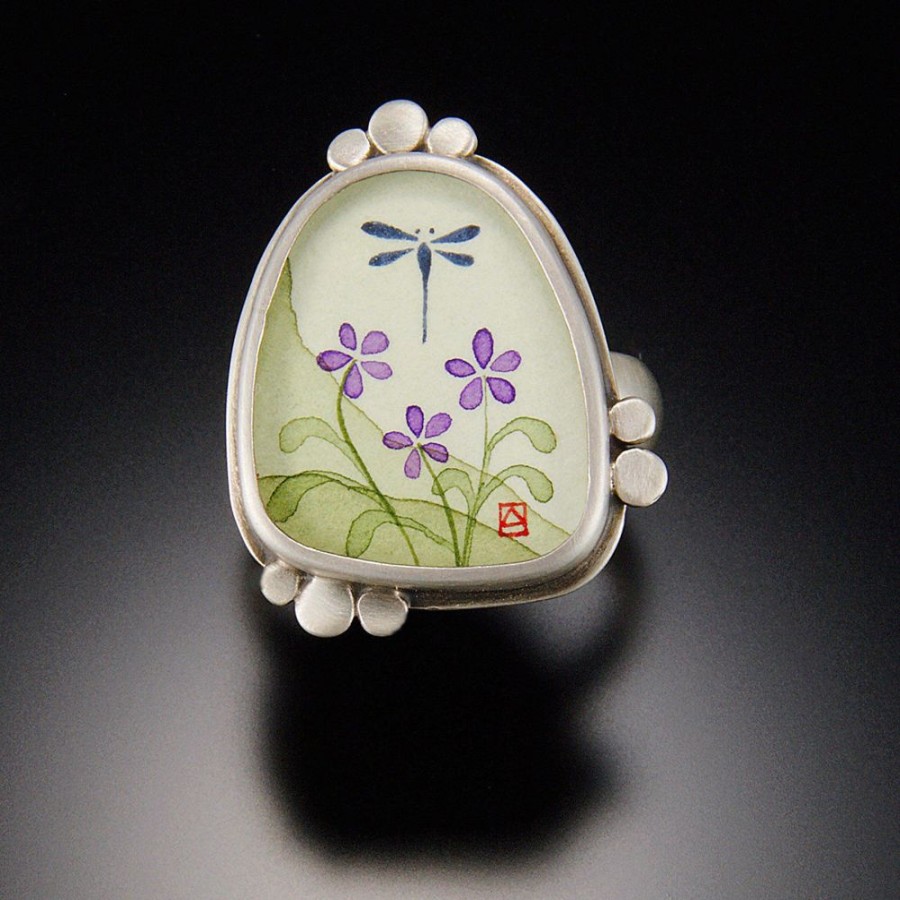 Hand Painted Jewelry Ananda Khalsa | Dragonfly With Violets Ring