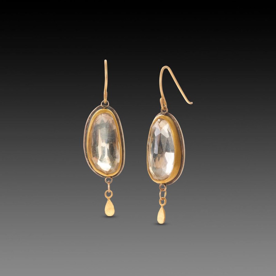 Earrings Ananda Khalsa | Clear Topaz Earrings With 22K Gold Teardrops