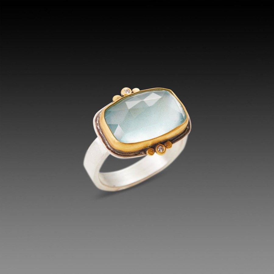 Rings Ananda Khalsa | Rose Cut Aquamarine Ring With Diamond Trios