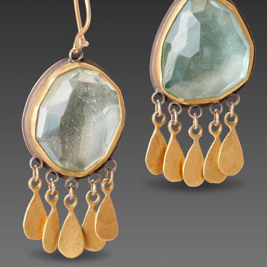 Earrings Ananda Khalsa | Aquamarine Earrings With Gold Fringe