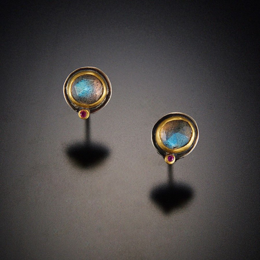 Earrings Ananda Khalsa | Labradorite Stud Earrings With Ruby Dot