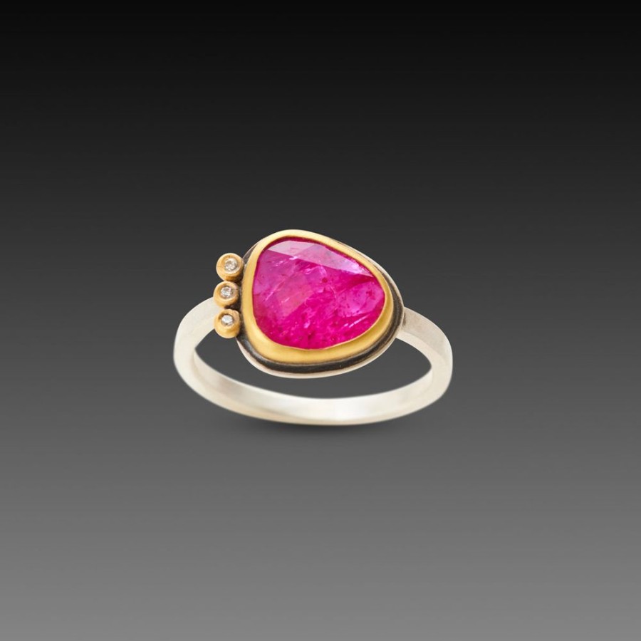 Rings Ananda Khalsa | Rose Cut Ruby Ring With Three Diamonds