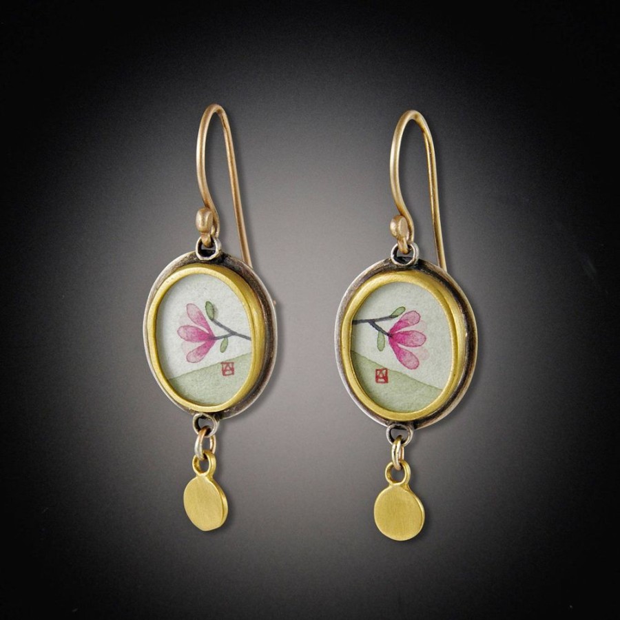 Hand Painted Jewelry Ananda Khalsa | Gold Tiny Oval Magnolia Earrings With 22K Disk