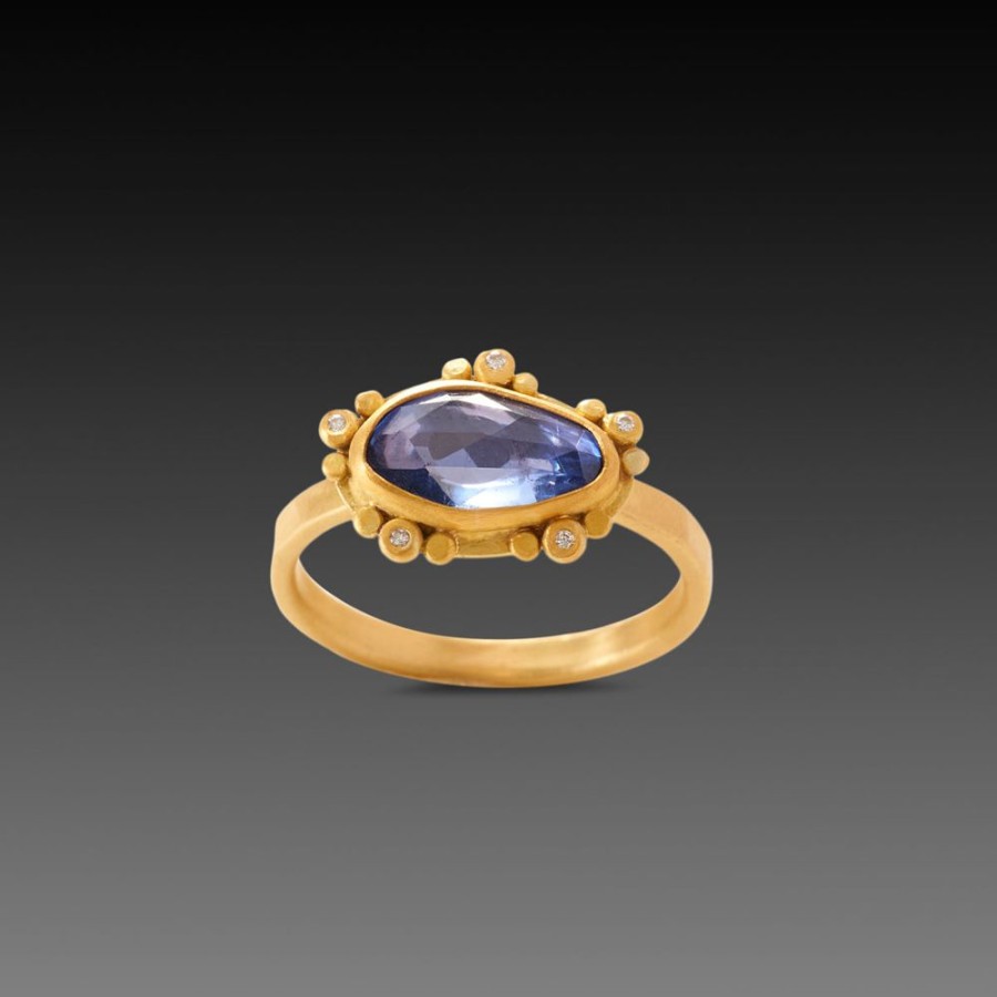 Rings Ananda Khalsa | Blue Sapphire Ring With Diamond Dot Trios