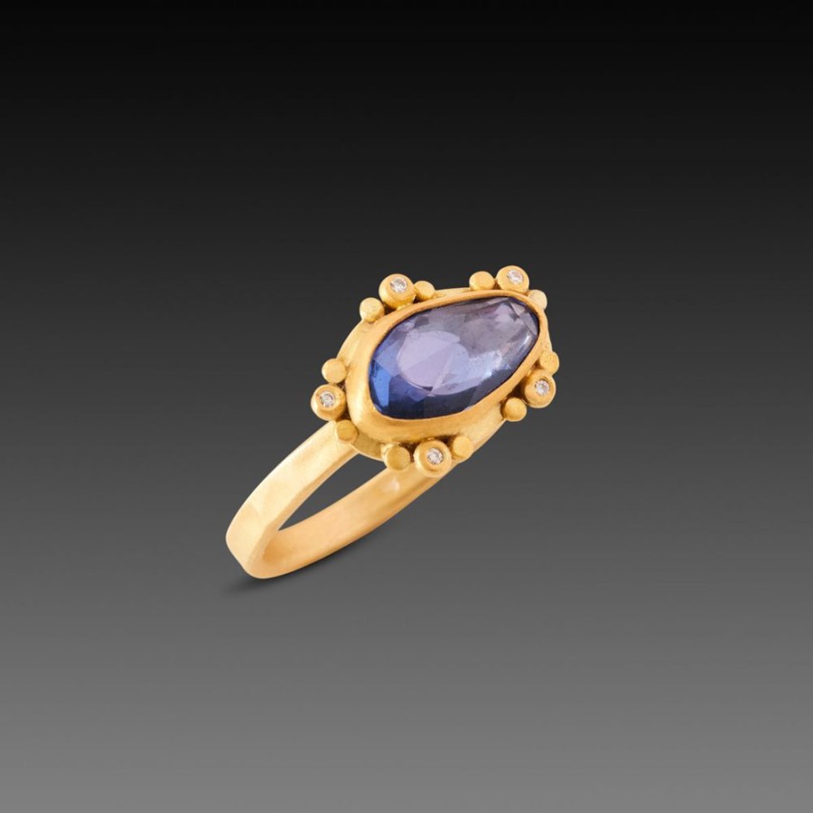 Rings Ananda Khalsa | Blue Sapphire Ring With Diamond Dot Trios