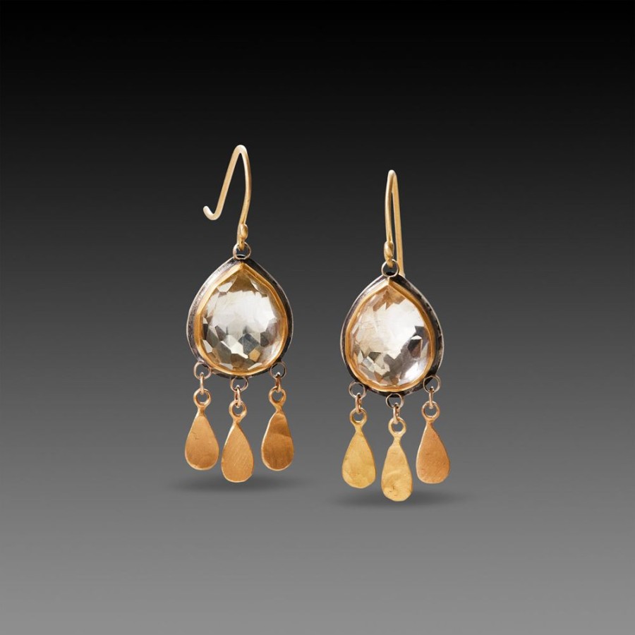 Earrings Ananda Khalsa | Clear Topaz Teardrop Earrings With 22K Gold Fringe