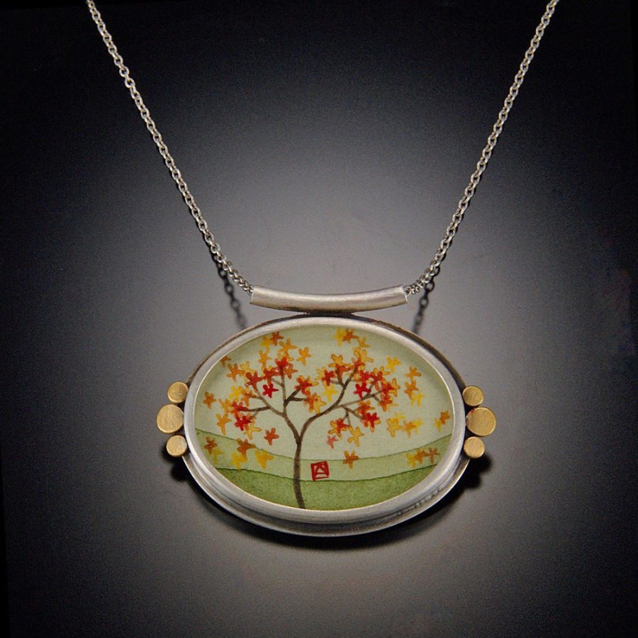 Hand Painted Jewelry Ananda Khalsa | Autumn Maple Oval Necklace