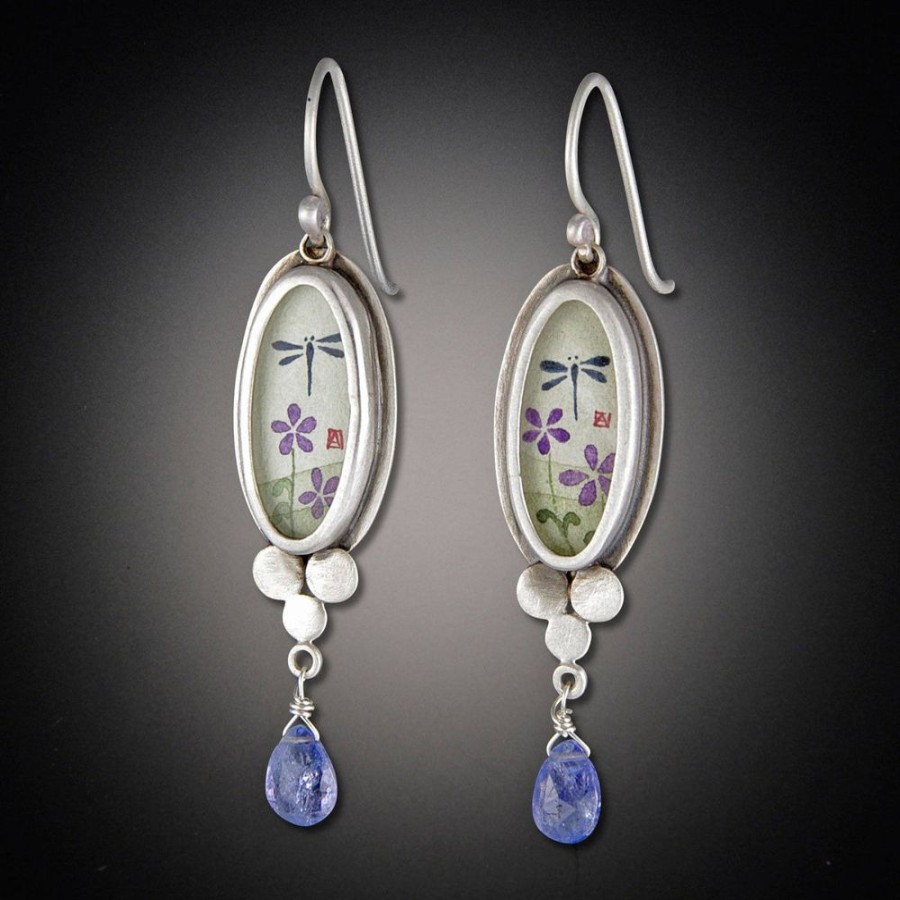 Hand Painted Jewelry Ananda Khalsa | Narrow Oval Dragonfly Earrings