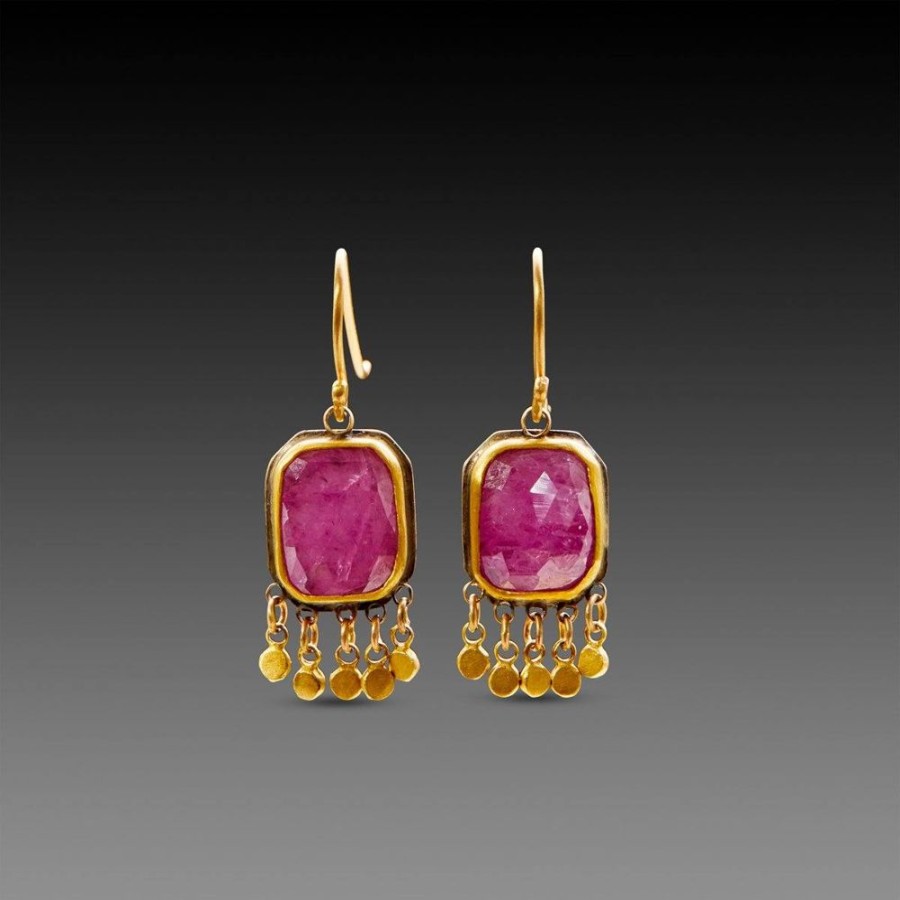 Earrings Ananda Khalsa | Pink Sapphire Earrings With 22K Gold Fringe