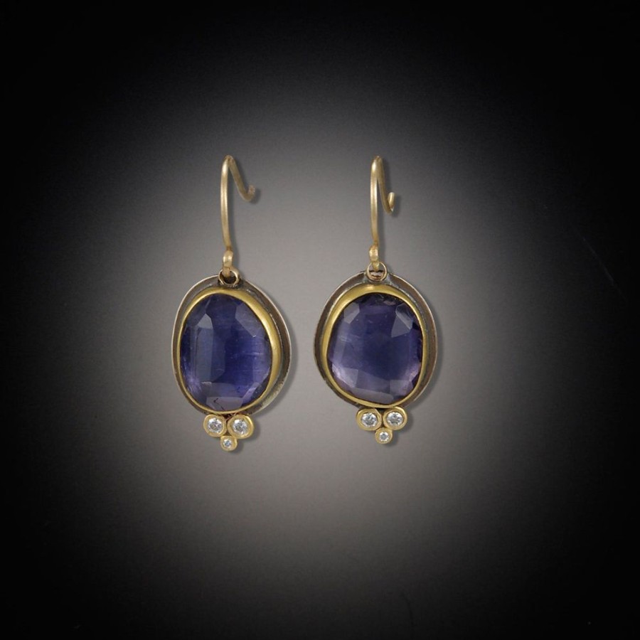 Earrings Ananda Khalsa | Rose Cut Iolite Earrings With Tiny Diamond Trios