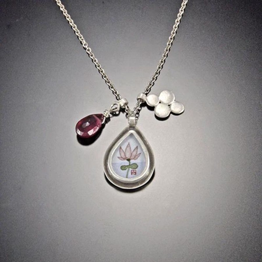 Necklaces Ananda Khalsa | Lotus Charm Necklace With Pink Tourmaline Teardrop