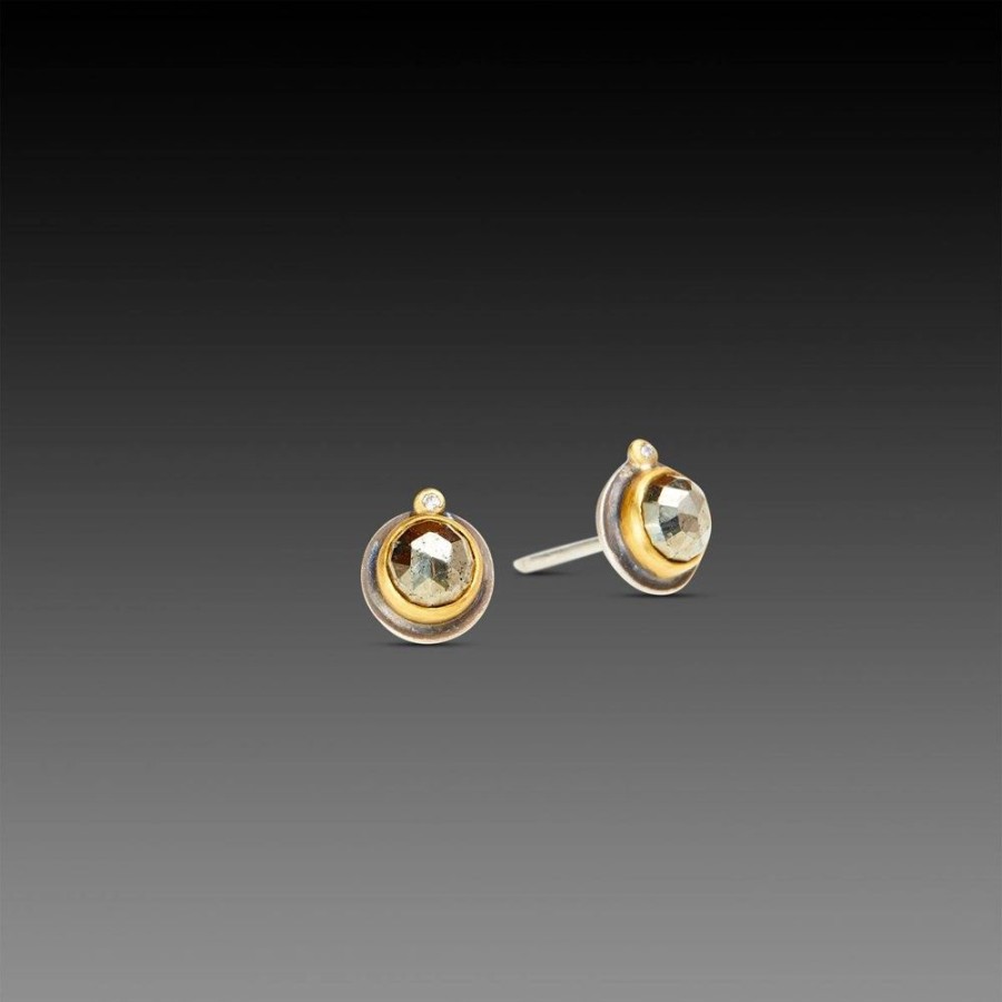 Earrings Ananda Khalsa | Pyrite Stud Earrings With Diamond Dots