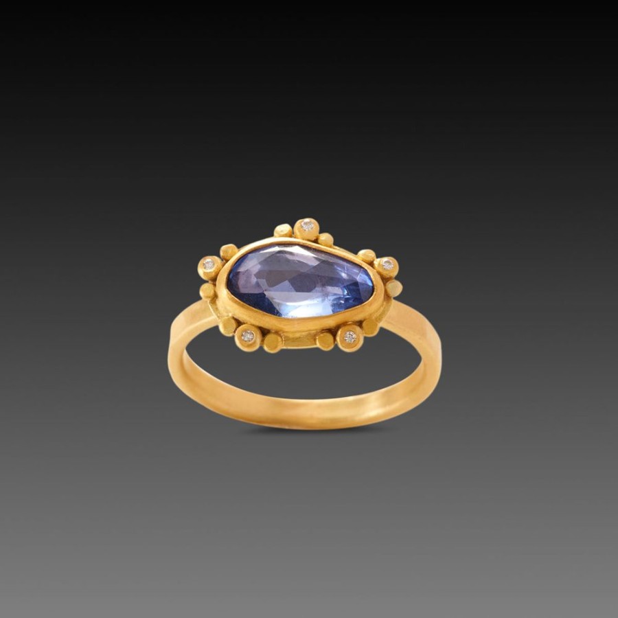 Rings Ananda Khalsa | Blue Sapphire Ring With Diamond Dot Trios