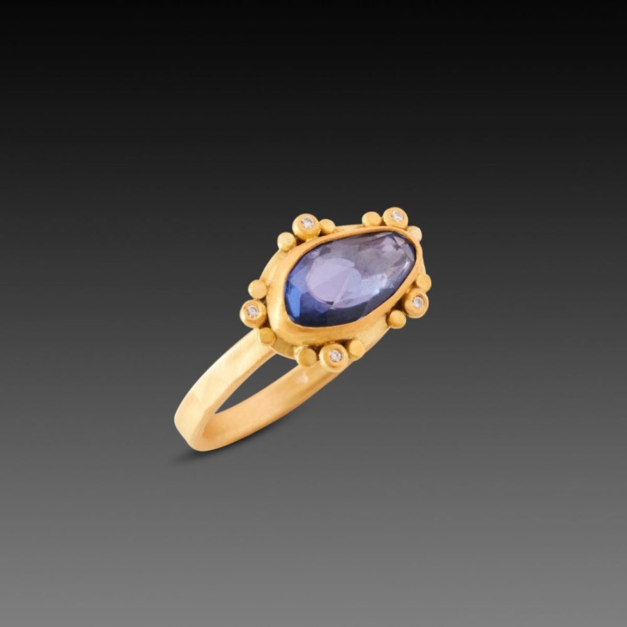 Rings Ananda Khalsa | Blue Sapphire Ring With Diamond Dot Trios