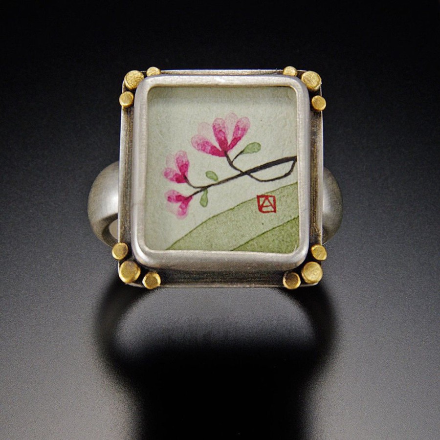 Hand Painted Jewelry Ananda Khalsa | Small Rectangle Magnolia Ring