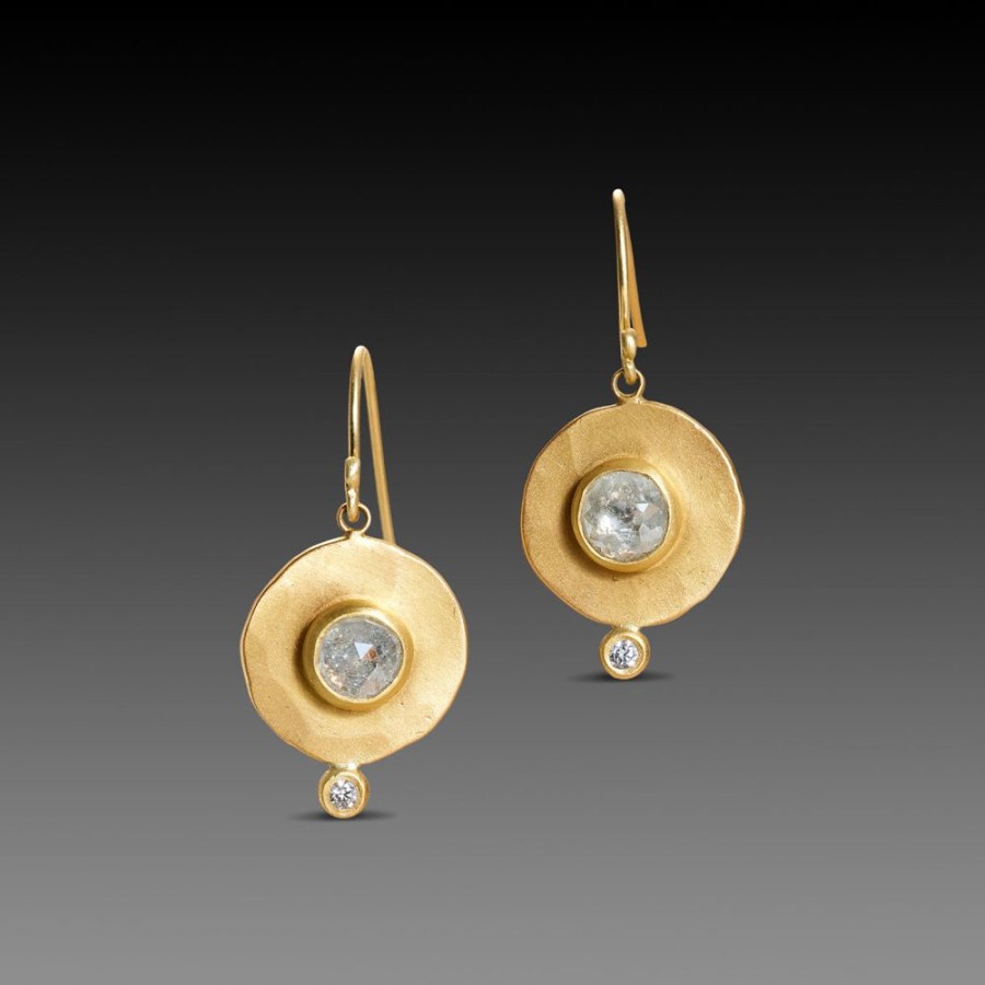 Earrings Ananda Khalsa | Hammered Gold Disk Earrings With Gray Diamonds