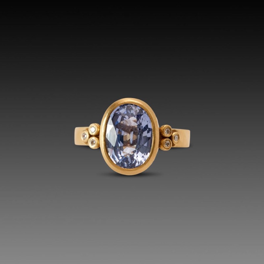 Rings Ananda Khalsa | Oval Sapphire Ring With Diamond Trios