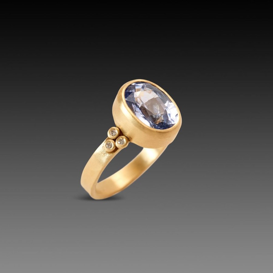 Rings Ananda Khalsa | Oval Sapphire Ring With Diamond Trios