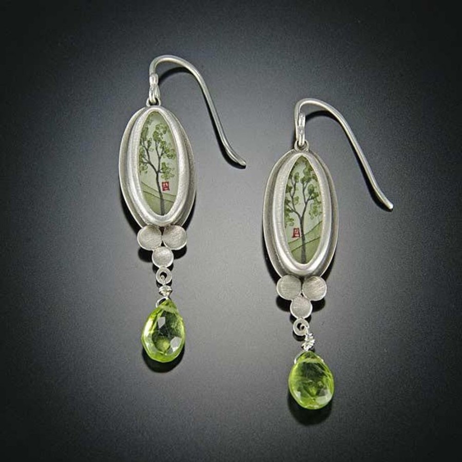 Hand Painted Jewelry Ananda Khalsa | Spring Maple Earrings With Peridot Drop