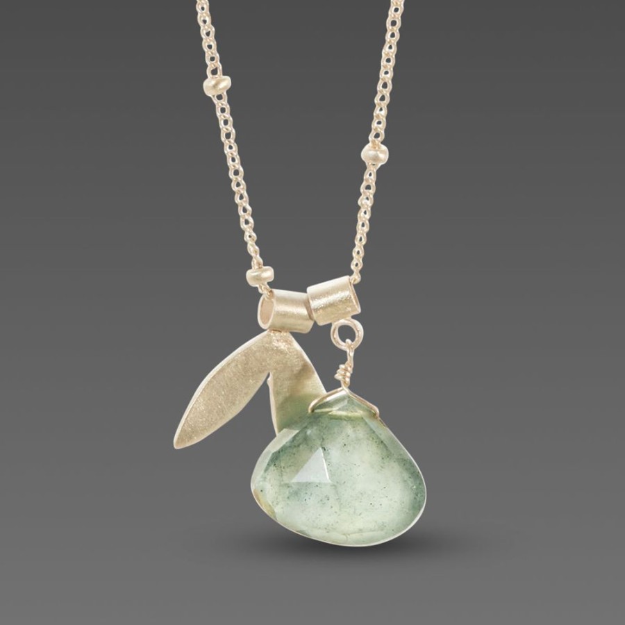 Necklaces Ananda Khalsa | Double Leaf Charm Necklace With Moss Aquamarine