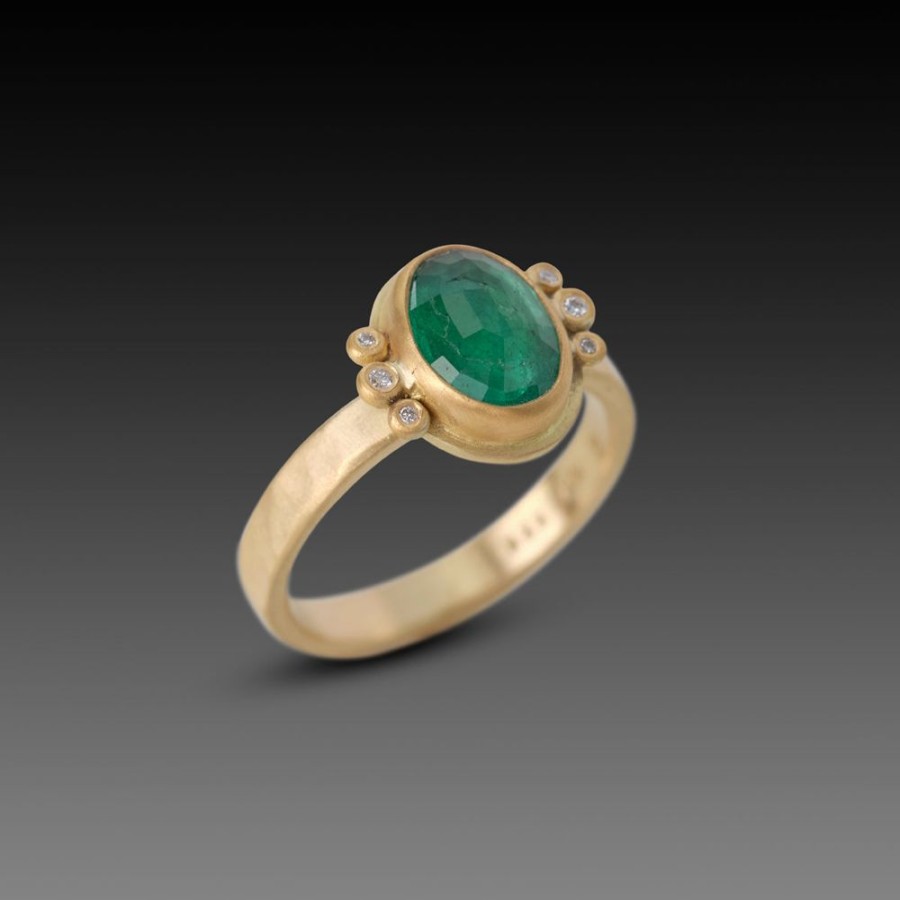 Rings Ananda Khalsa | Oval Emerald Ring With Diamond Trios